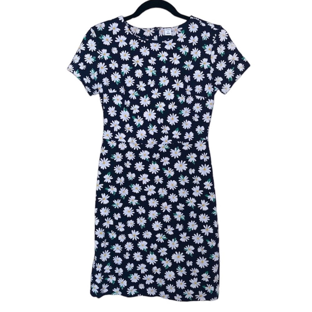 OLD NAVY | Navy Blue Daisy Floral Printed Fitted Stretch Dress Short Sleeve